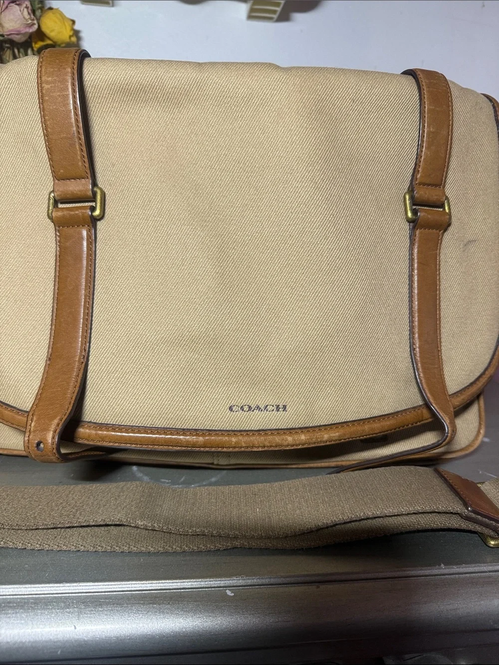 Coach Beige Canvas Messenger Bag with Brown Leather Trim